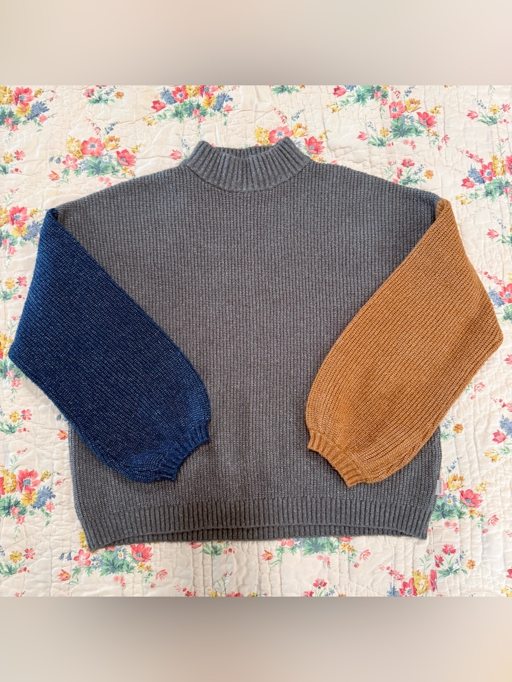 Brixton Colorblock Knit Sweater - Gray Body with Teal & Camel Sleeves. Small.